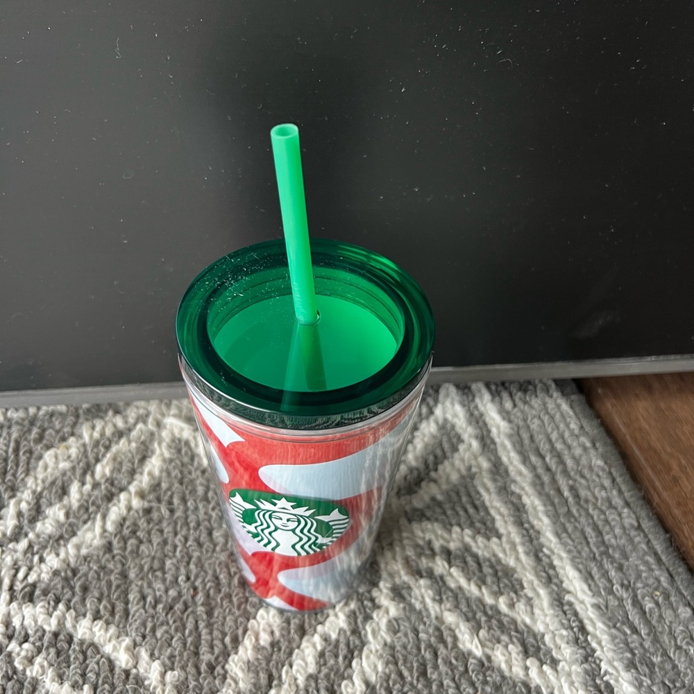 Starbucks 16oz Festive Red White Swirl Plastic Tumbler with Green Lid